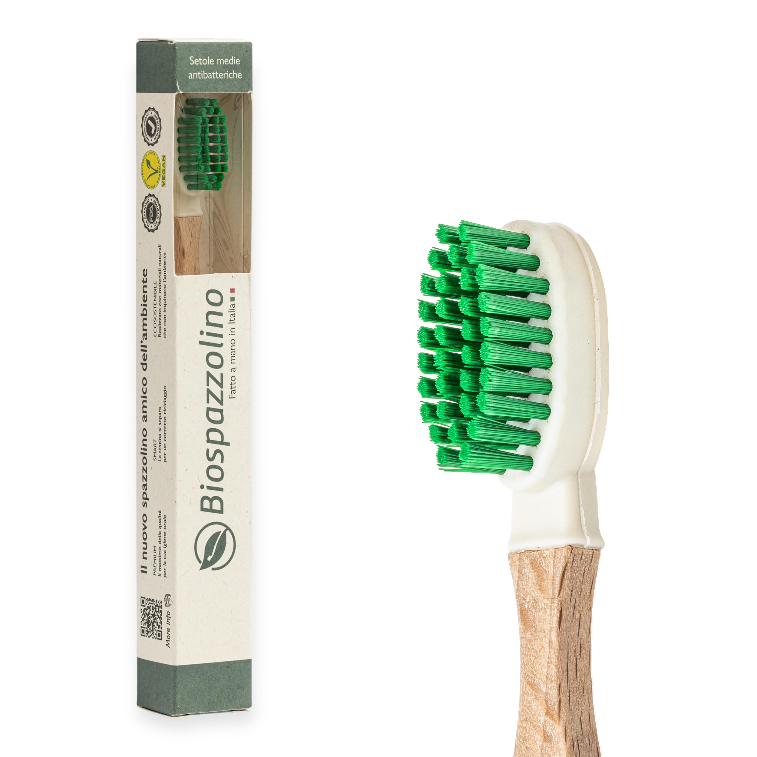 ONWOOD - Biodegradable and Compostable Beech Wood Biobrush, 100% Recyclable, Protects Teeth Enamel and Removes Plate, Rubber Head - 1 Toothbrush with Green Head