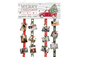Gwisml Christmas Card Holder,Christmas Hanging Sign Display,Tree Gift Card Holder,Merry Christmas Happy New Year Wooden Sign Picture Holder with 30 Clips for Xmas Party Holiday Wall Decor