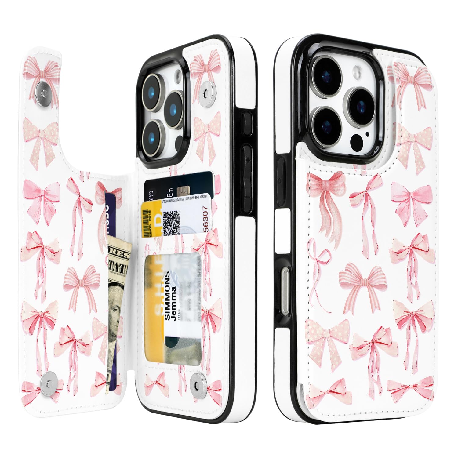 Obbii Compatible with iPhone 16 Pro Wallet Case with Card Holder, Back Flip Folio PU Leather Kickstand Card Slots Case for Women Girls, Double Magnetic Clasp Cover 6.3" (Pink Ribbon Bow Colorful)