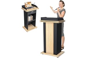 VAKIORN Wood Podium Stand with 3 Levels of Storage, 43IN Portable Lectern with Wheels, Floor Standing Customer Reception Podiums Mic Stand Desk for Churches, Office, School,Conference, Auditorium, Seminar