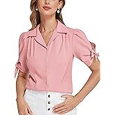Bello Poque Women Vintage Blouse 1950s Retrt Button Up V Neck Short Bow Sleeves Blouse Shirts