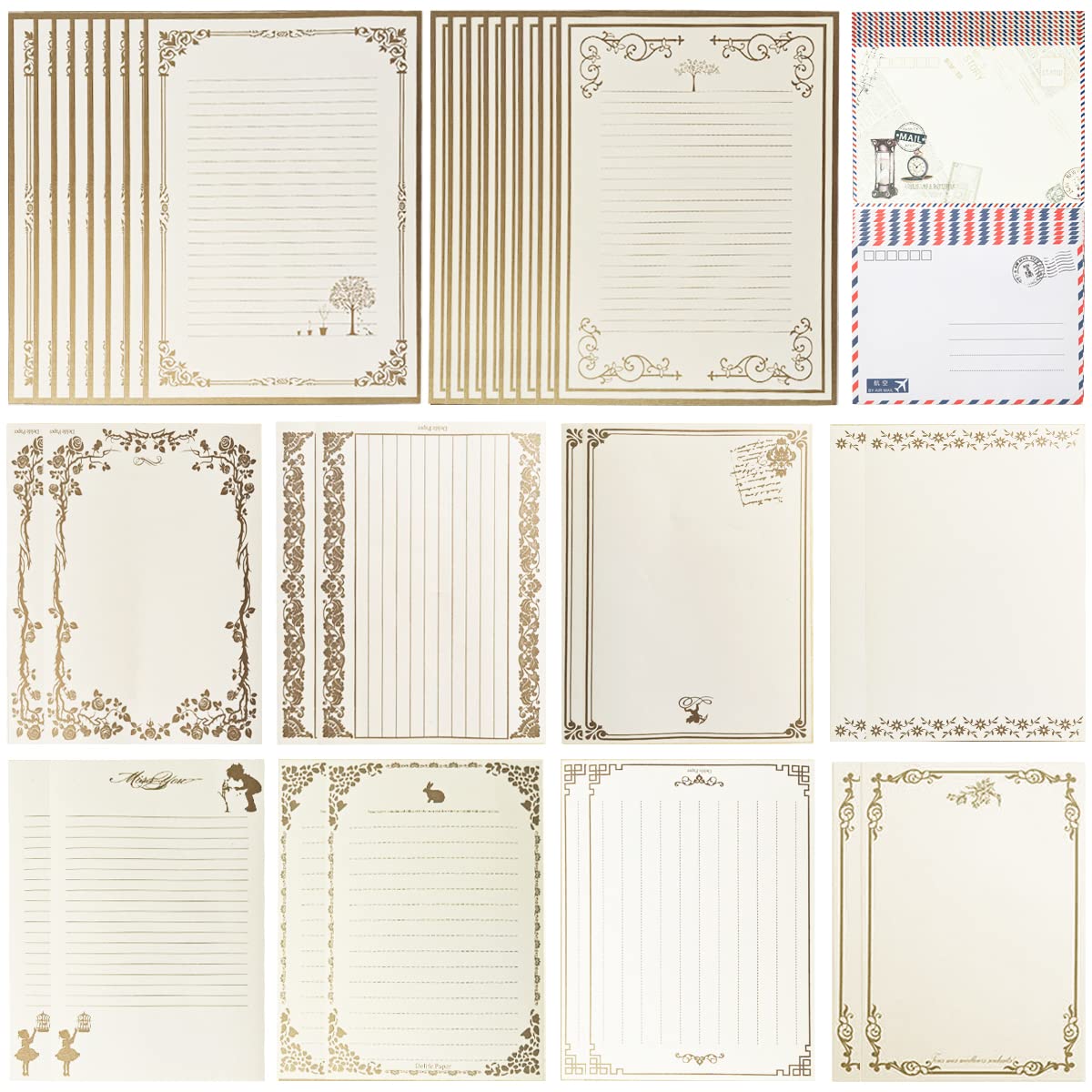 Morices 32 Sheets Stationery Paper with 16 Pcs Envelopes, Vintage Style Kraft Paper Letter Paper with Gift Envelopes, Antique Multiple Patterns Writing Paper for Letters Party Invitations (White)
