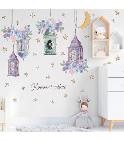 Buiory Removable 3D Hanging Flowers Wall Decal - Purple Floral & Lamp Peel And Stick Vinyl Wall Sticker