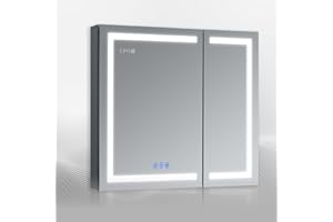 DECADOM LED Mirror Medicine Cabinet Recessed or Surface, Defogger, Dimmer, Clock, Room Temp Display, Makeup Mirror 3X, Outlets & USBs (RUBiNi 36x32)