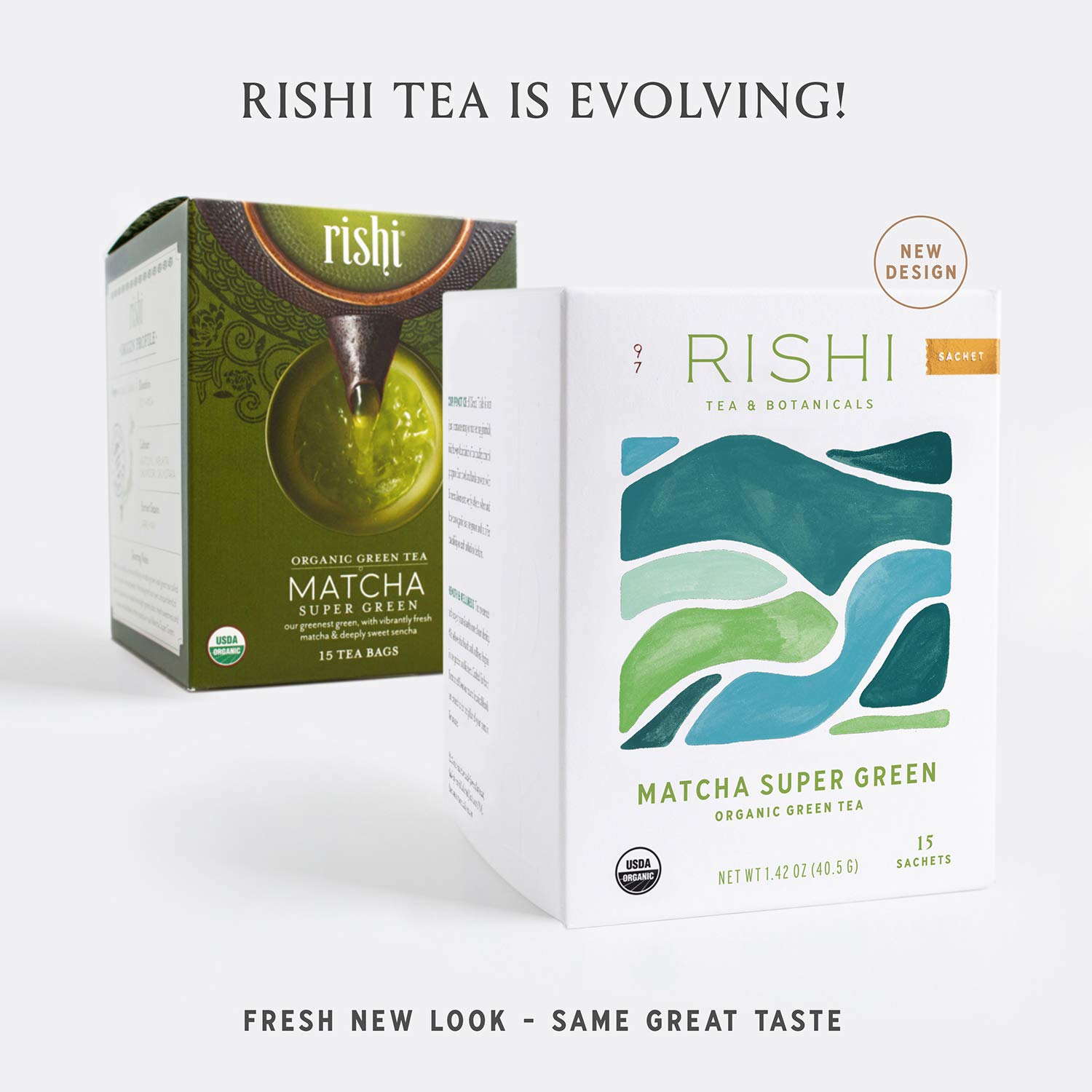 Rishi matcha super green tea, organic green tea sachet bags