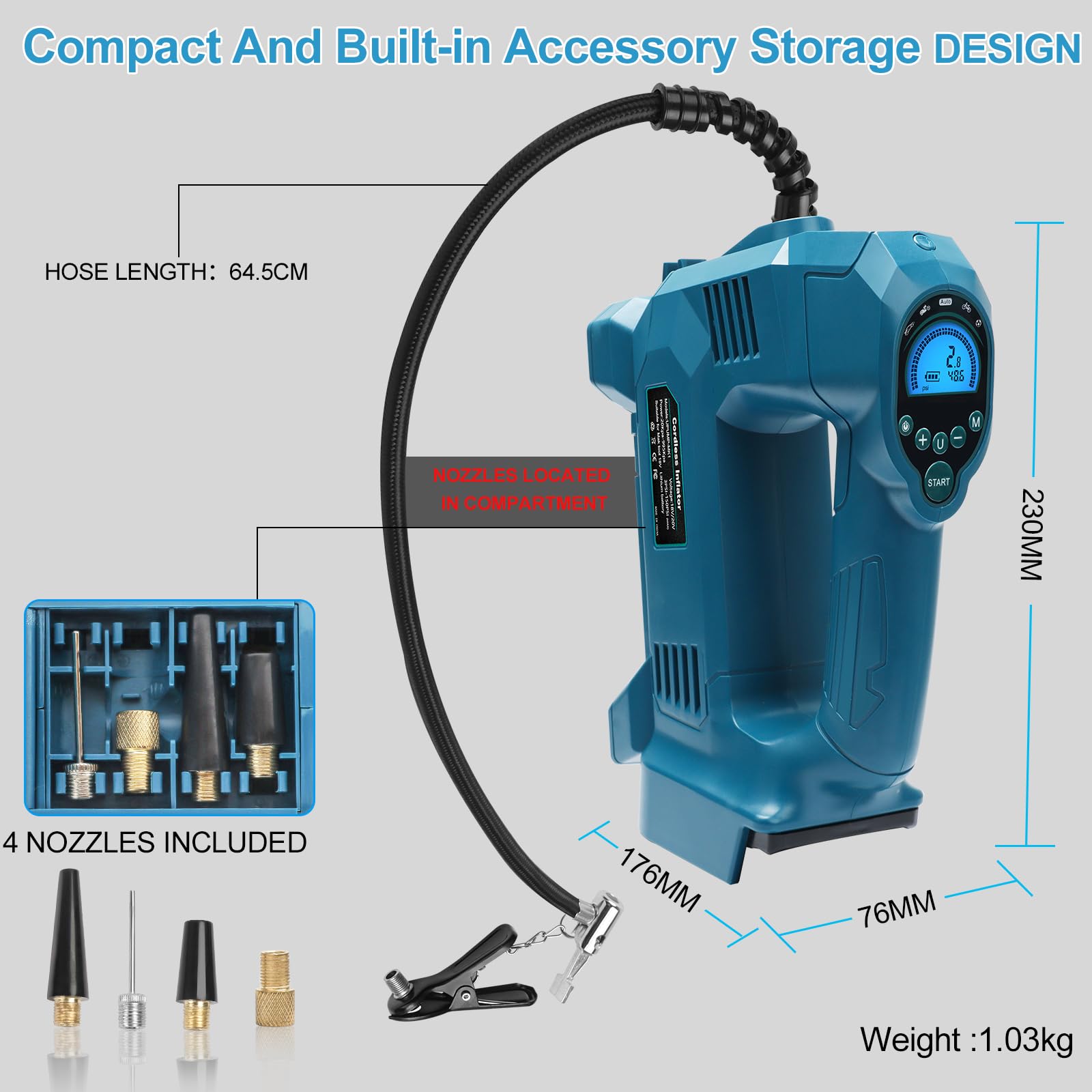 Powarobor 18V Akku Kompressor Kompatibel mit Makita 18V Akkus,10.34 bar Akku Autokompressor/kabellos Luftpumpe für Fahrrad/Auto/Motorrad 150PSI, Automatisch Stop,LED Lampe (ohne Akku, ohne Ladegerät) 3