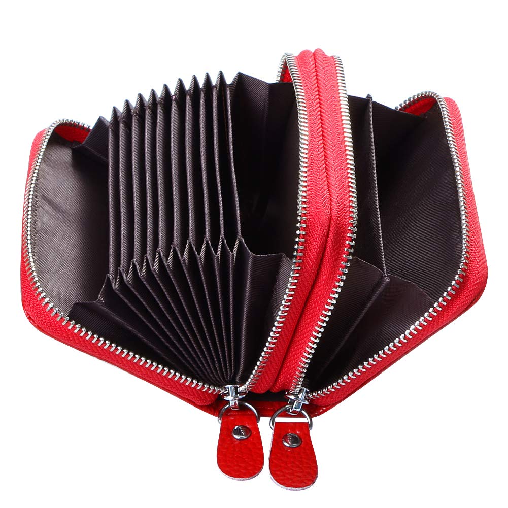 Flintronic Leather Credit Card Holder for Women - RFID Protector, Double Zipper Pouch with Woven Leather Keychain