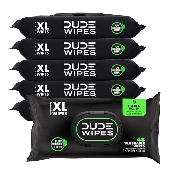 DUDE WIPES – FLUSHABLE WIPES – 6 PACK, 288 WIPES – HERBAL RELIEF EXTRA-LARGE WET WIPES – WITCH HAZEL & GERANIUM ESSENTIAL OILS – SEPTIC AND SEWER SAFE BUTT WIPES FOR ADULTS
