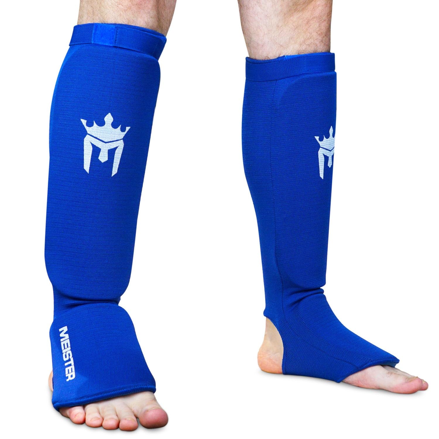 Meister MMA Elastic Cloth Shin & Instep Padded Guards (Pair) - Blue - Large/X-Large