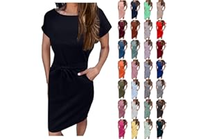 YUTANRAL Womens Summer Short/Sleeveless Tie Waist Crew Neck T-Shirt Bodycon Dress Business Casual Cocktail Midi Dress Outfits