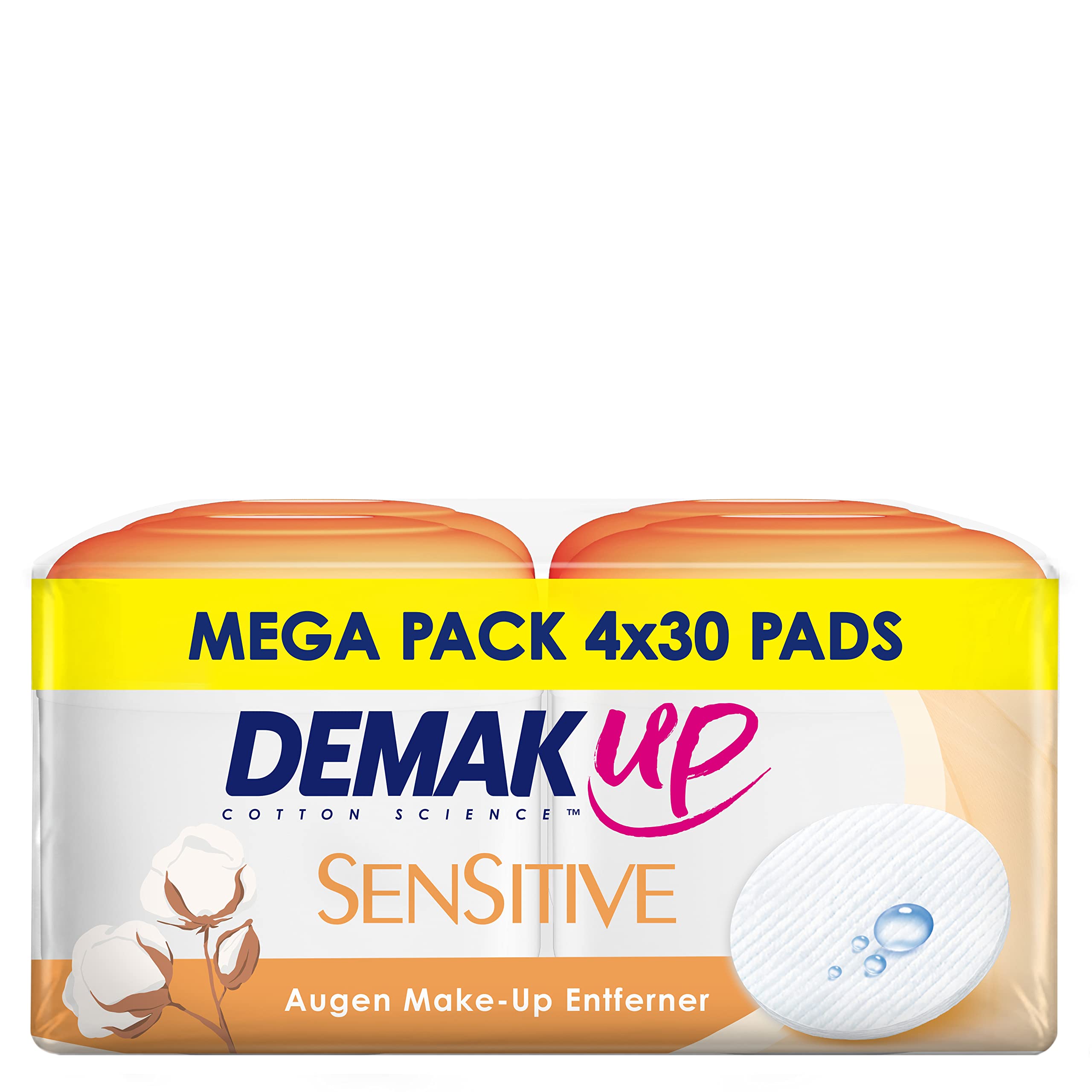 Demak'Up Sensitive Impregnated Make-Up Pads, Cotton Pads for Sensitive Skin, 4 x 30 Cotton Pads