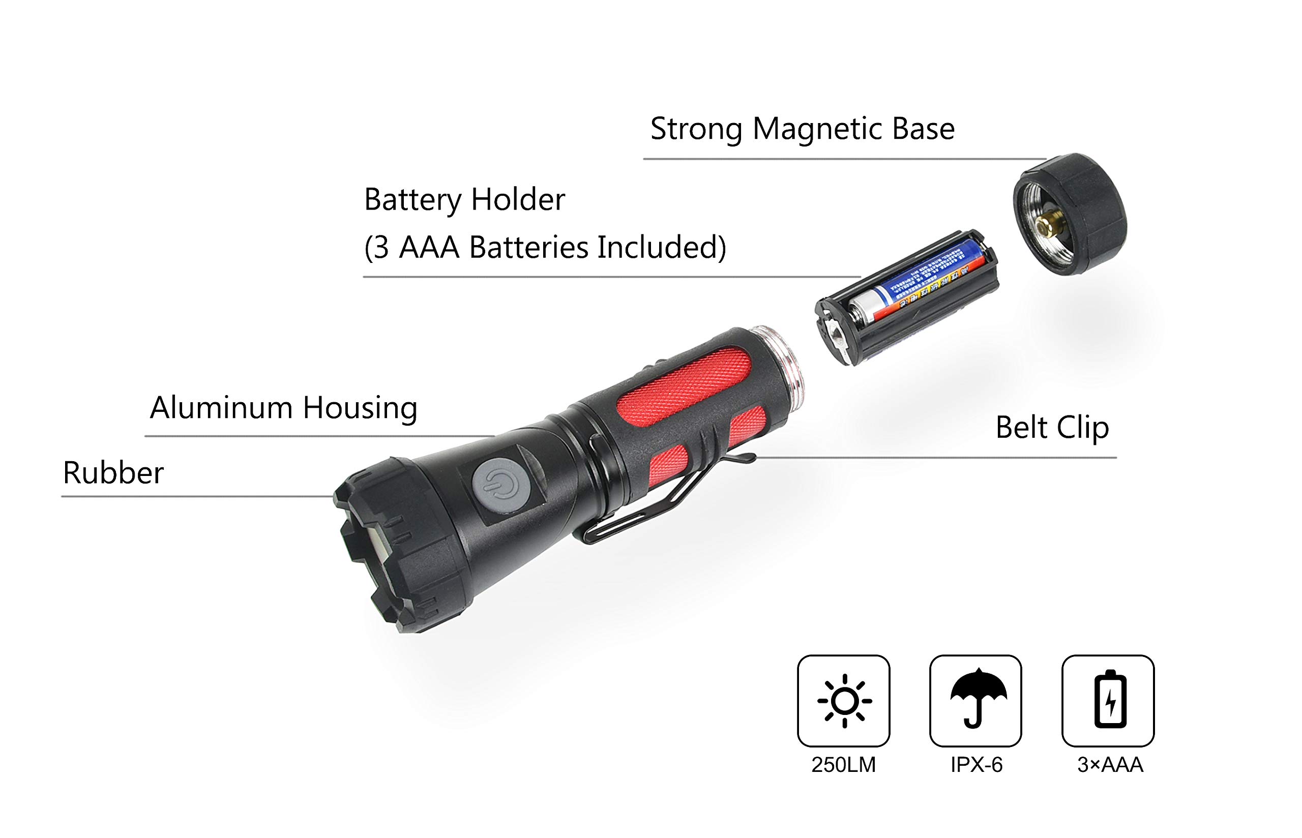 FLOWood LED Flashlight Torch Tactical Torch,Magnetic Adjustable-Head Portable LED Flashlight with Batteries,1000LM Handheld Flashlight for Camping Hiking Indoor Outdoors [Energy Class A+]