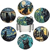 Drink Coasters for Drinks Set of 6, Art and Black Cat Absorbent Round Ceramic Stone Mat Coaster, with Cork Base and Metal Holder, Home Bar Decor House Warming Gift