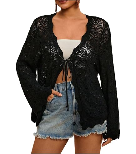Women Casual Lace Crochet Cardigan Short Sleeve Sheer Cover Up
