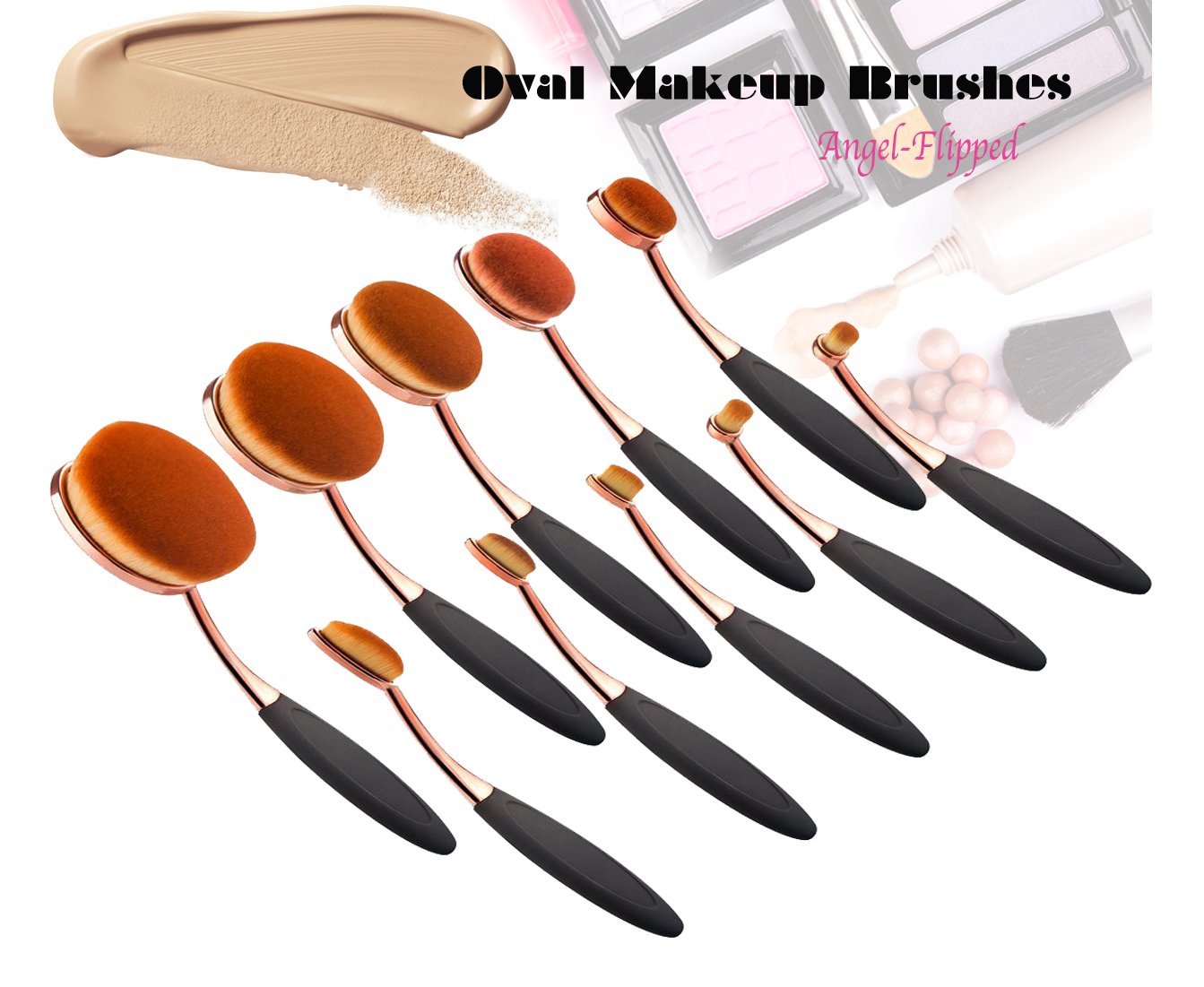 AngelFlipped Oval Professional Cosmetic Foundation Makeup Brush Set 10 Pcs Toothbrush Design(gold)