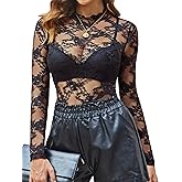 Kate Kasin Lace Tops for Women, Sexy Mesh Long Sleeve Sheer Shirts, Slim Fitted See Through Lace Blouses