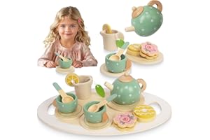 WOODENEDU Wooden Tea Set for Little Girls, Play Food Pretend Play Kitchen Accessories for 3 4 5 Years Old Girls Boys, Toddler Princess Tea Time Party Food Toys (Afternoon Tea)