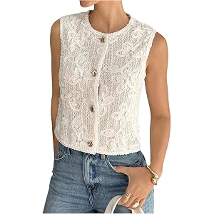 WDIRARA Women's Floral Jacquard Sleeveless Vest | Button Front, Lace, Round Neck