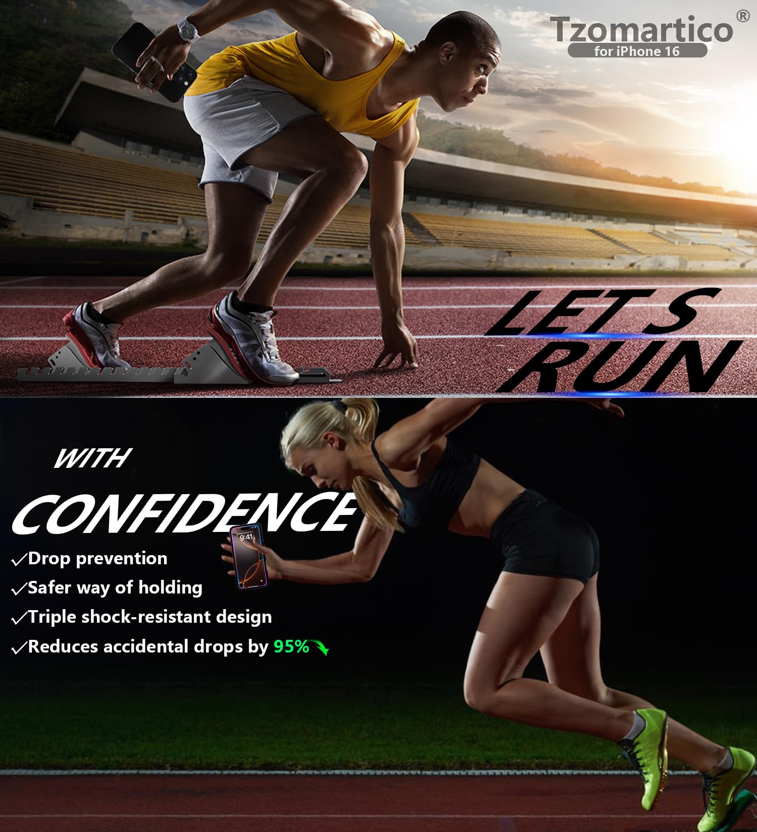 TzoMartico Walk&Running Case for iPhone 16, Drop-Proof Soft Edge, 360+120°Rotating Device, Embedded Kickstand, Fall Prevention-Grip, Military-Grade Shock Protection, 3-in-1 Series, Black