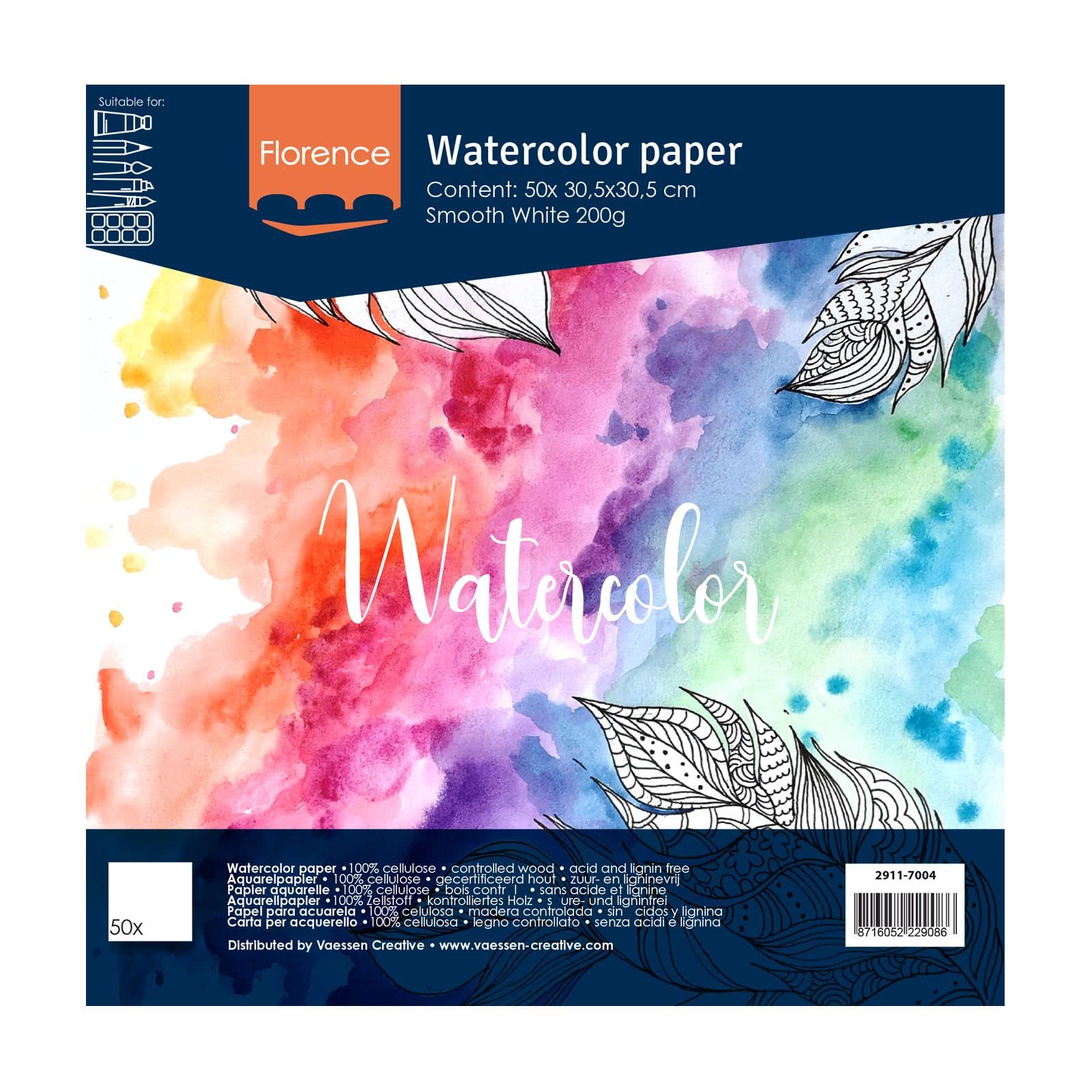 Vaessen Creative Florence Hot Pressed Watercolour Paper, Smooth 200gsm, 12 x 12