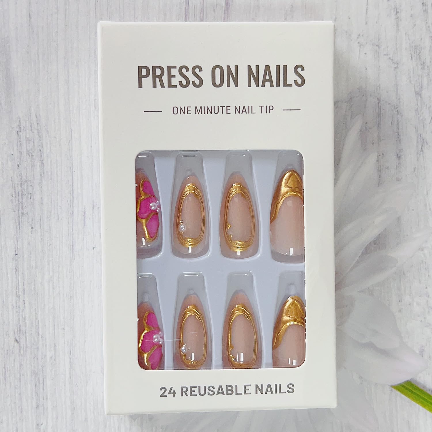 LPOODDNU 3D Almond Press on Nails Medium Handmade Fake Nails with Gold Charms Pink Butterfly Designs French Acrylic Nails Press ons Almond Shape False Nails Cute Nails Medium Stick on Nails for Women - Image 6