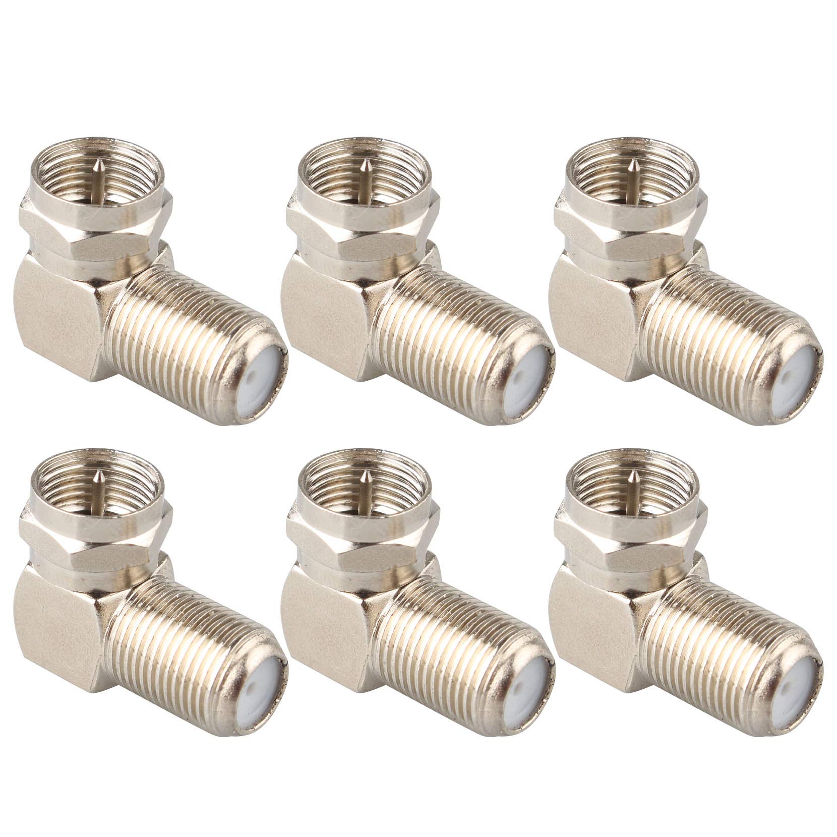 Jopto 6PCS Right Angle RF Coaxial Coupler TV Aerial Adapter Satellite SKY Virgin F Male Plug to F Female 90 Degree Nickel-Plated Converter Connectors for Wall Mounted TVs and Coaxial Cable Connection