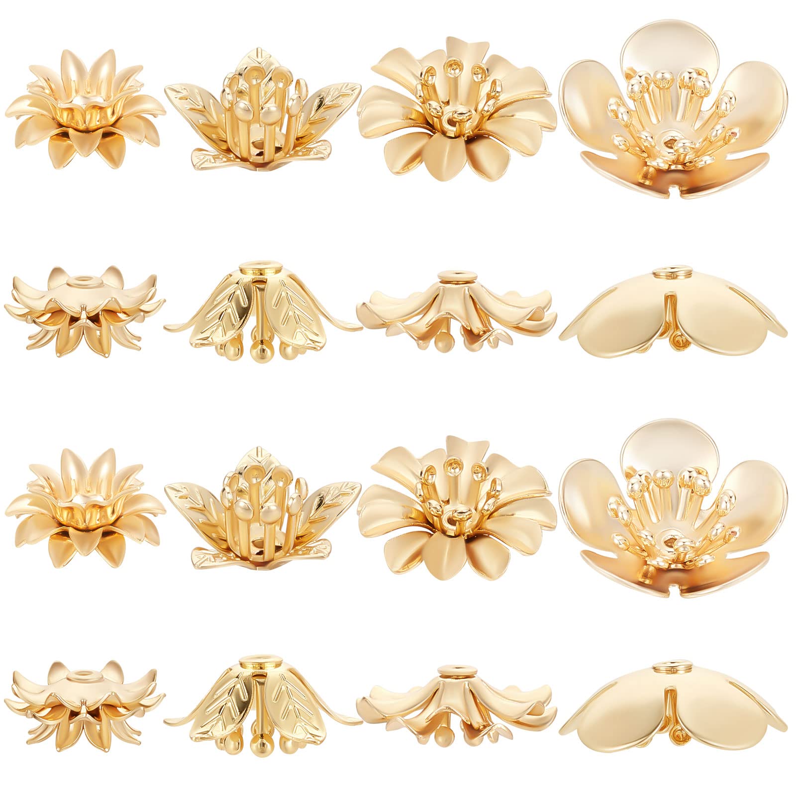 Beebeecraft 24Pcs/Box 4 Style Flower Caps for Beads 18K Gold Plated Brass Bead Caps for Bracelet Necklace Earrings Jewelry Making Supplies — image 1