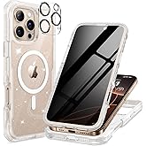 seacosmo for iPhone 16 Pro Max Case for Women, Full Body with Built-in Privacy Screen and Camera Lens Protector, Anti-Yellowing, Compatible with MagSafe, Shockproof Cute Girl Case, 6.9", Clear Glitter