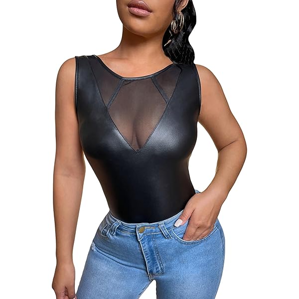 Top Sin Mangas De Piel Sintética Para Mujer Con Malla Y Cuello Redondo - Verano 2024, Estilo Moderno