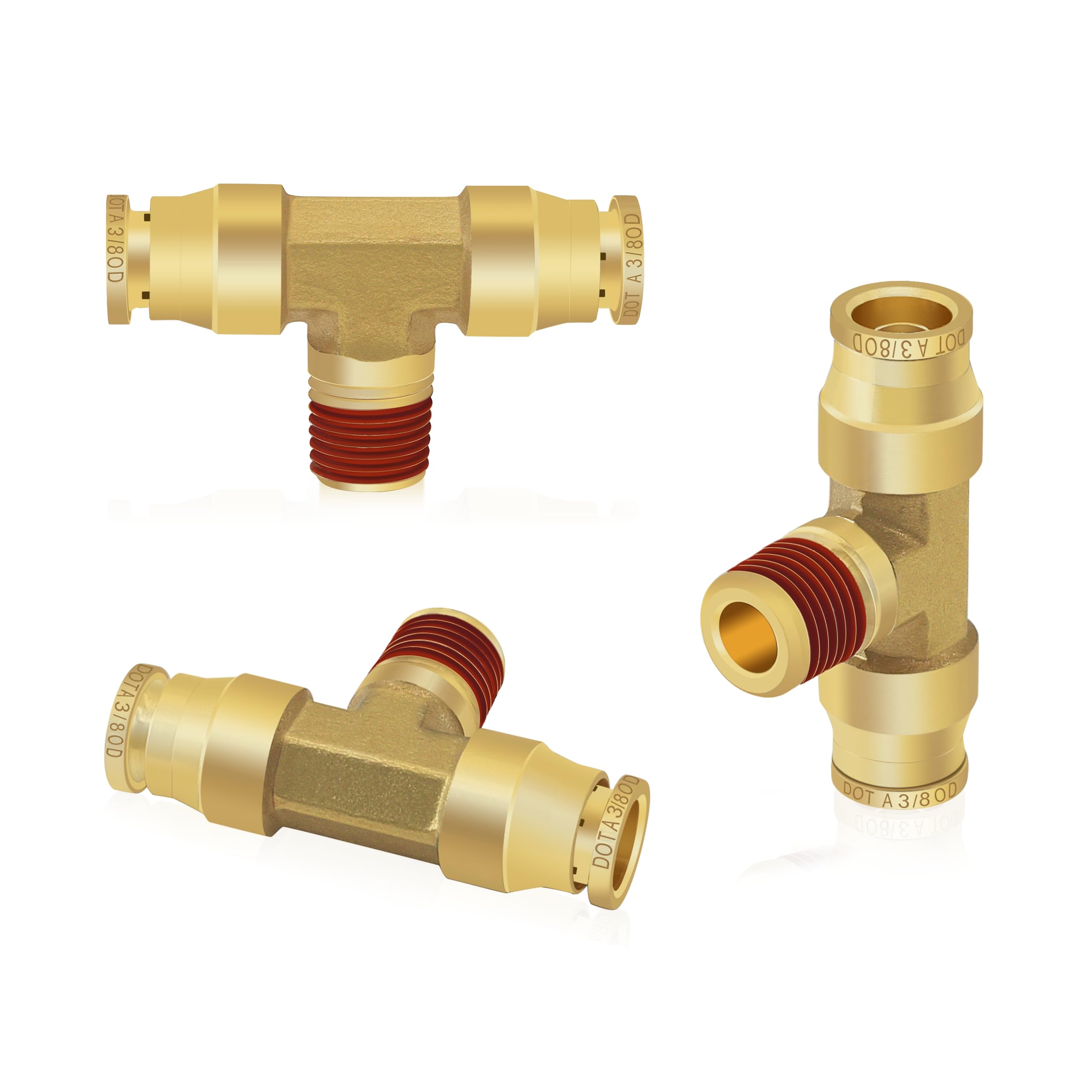 Photo 1 of Siptenk 3/8" OD Tube x 1/4" NPT Thread Tee Union DOT Fittings 3PCS, 3/8 Inch Brass Air Brake Push-To-Connect Fittings for Truck Trailers Industry Air System