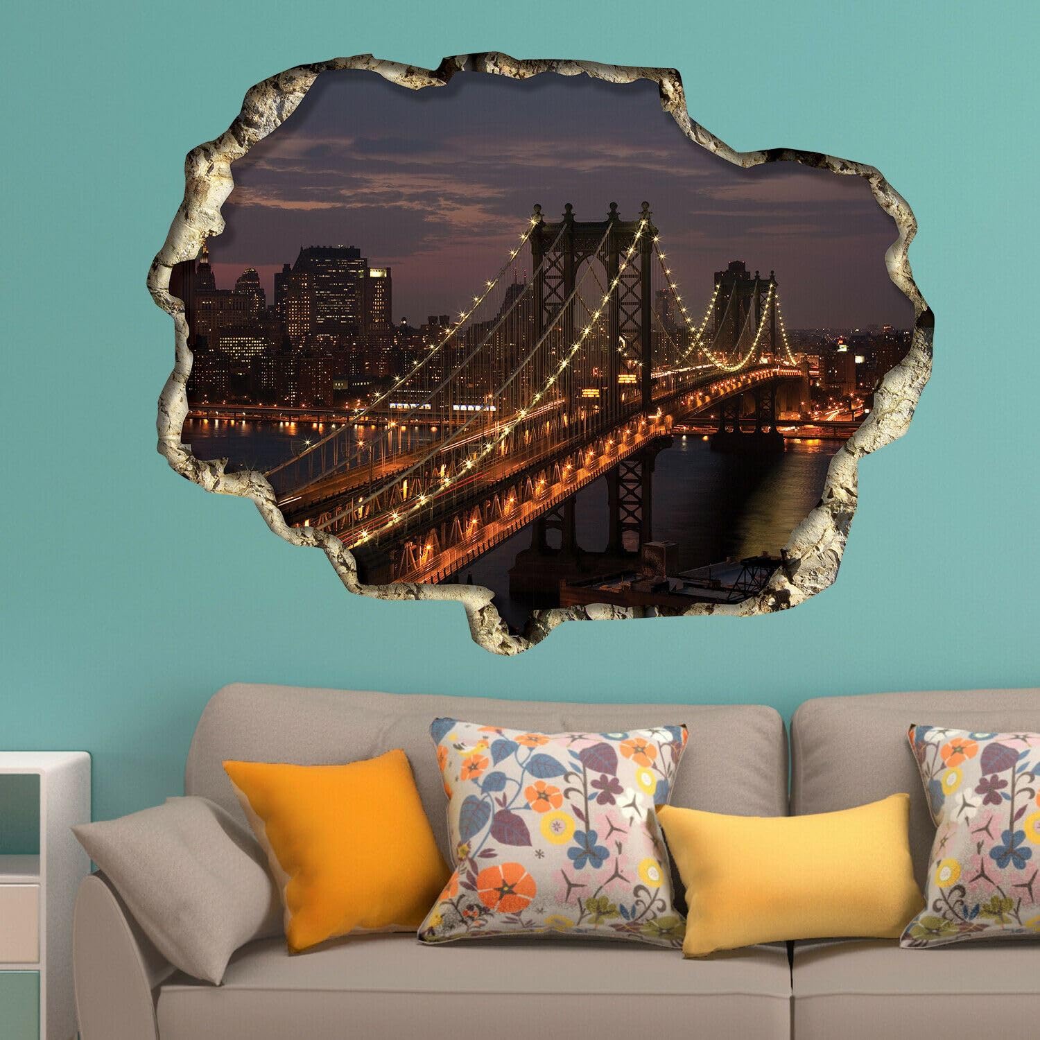 Wallflexi Wall Stickers 3D Night Manhattan New York Bridge Wall Art Murals Removable Self-Adhesive Decals Nursery Kindergarden Kids Room Restaurant Cafe Hotel Office Home Decoration, multicolour