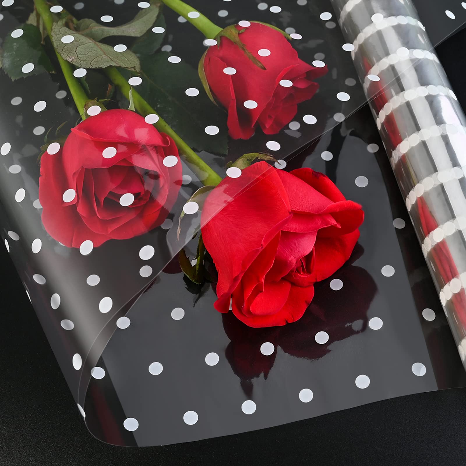 Faburo 60cm*12.5m White Dot Cellophane Wrap Florist Clear Wrap 3 Mil Folded 30cm Expand 60cm Wide Cellophane Wrap Roll for Hampers, Christmas Gifts, Flowers, Baskets, Treats & Crafts (White Dot) — image 1