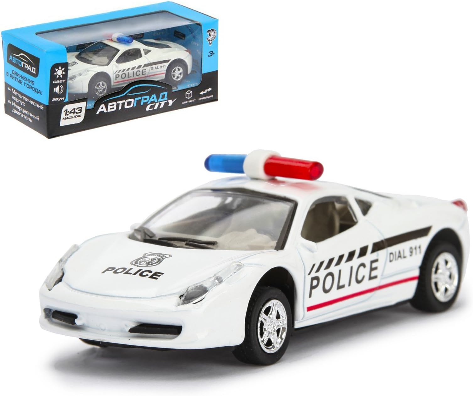Autograd 911 Police Toy Car Sound & Light Effects Friction Powered 1:43 Scale Miniature