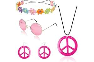 HyperFun Hippie Costume Set Includes Peace Sign Necklace and Earrings, Flower Crown Headband and Colored Hippie Sunglasses