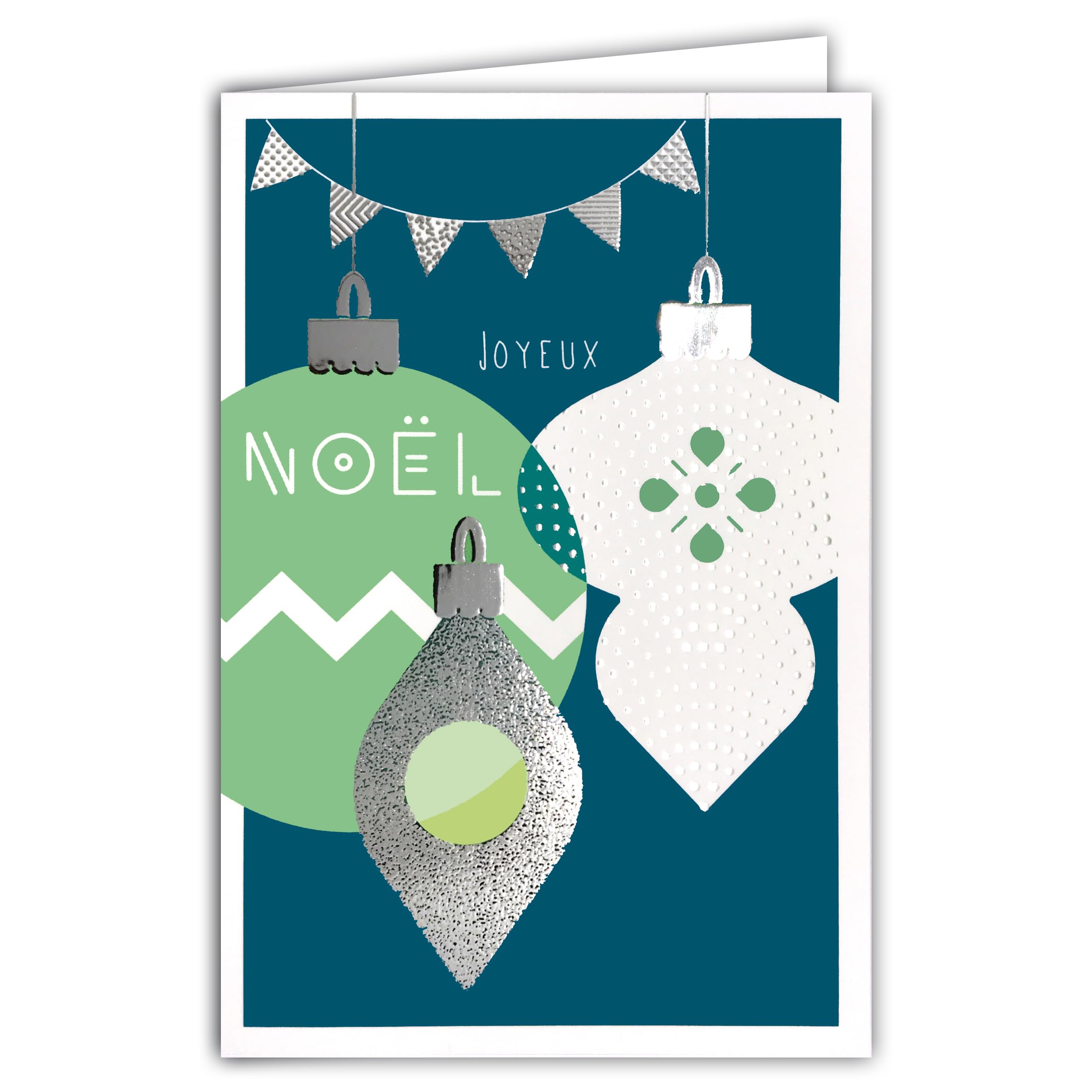 AFIE Merry Christmas Card Shiny Silver Glitter with White Envelope Size 12 x 17.5 cm – Decorative Geometric Baubles Garland Best Wishes End of Year – Made in France