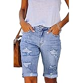 Necooer Women Jean Shorts Ripped Casual Summer Mid Waist Stretchy Five Points Denim Jean Shorts