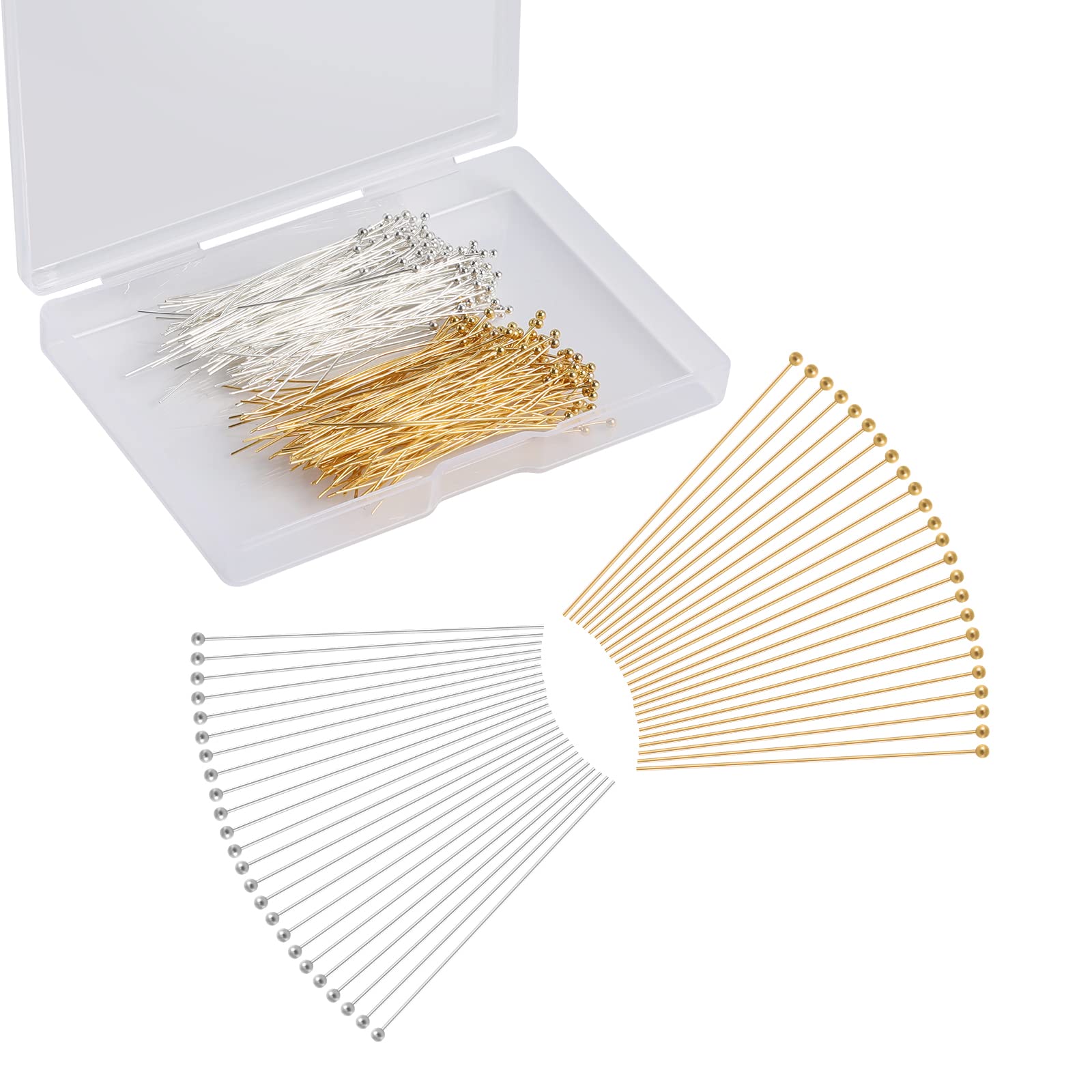 KINBOM 300pcs Straight Head Pins for Jewelry Making Assorted, 2inch Long End Head Pins Silver and Gold Jewelry Pins for Beads for DIY Crafts Earring Bracelet Necklace Pendant (Ball Head Pin)
