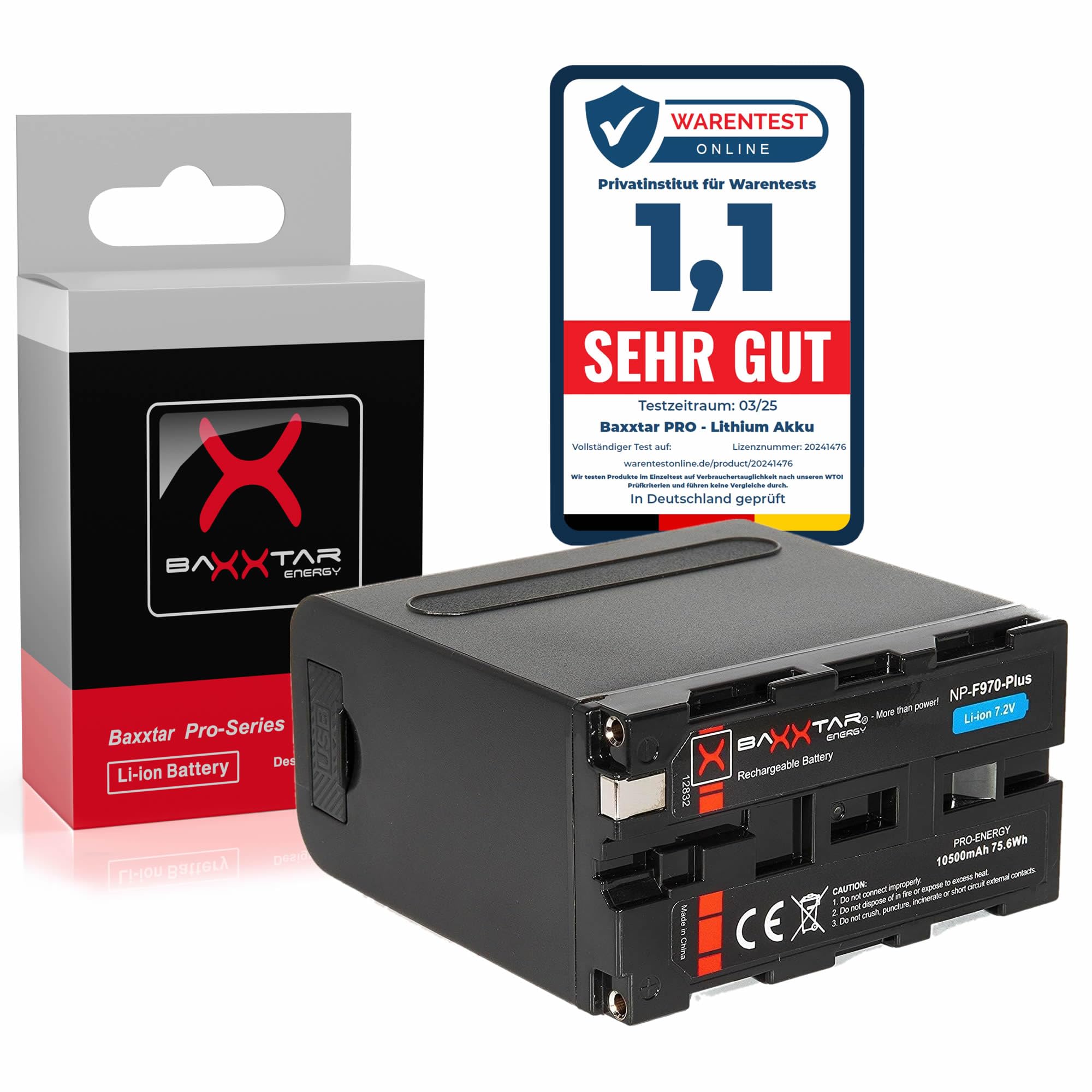 Baxxtar PRO - PLUS Battery for Sony NP-F970 (10500mAh) - Black Series - LG Cells inside - with Powerbank function (USB and DC output) and Battery Check