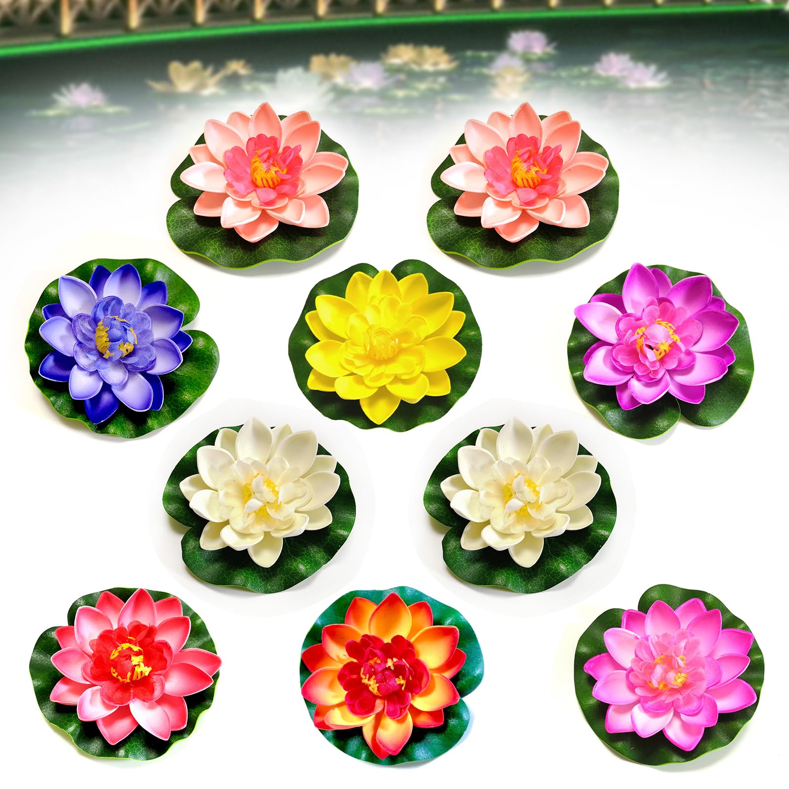 LWuuywa Floating Flowers, Pack of 10 Artificial Water Lily Lotus Flower Decorative Water Lily Plants Pond Plants Decoration for Garden or Pond (Colour)