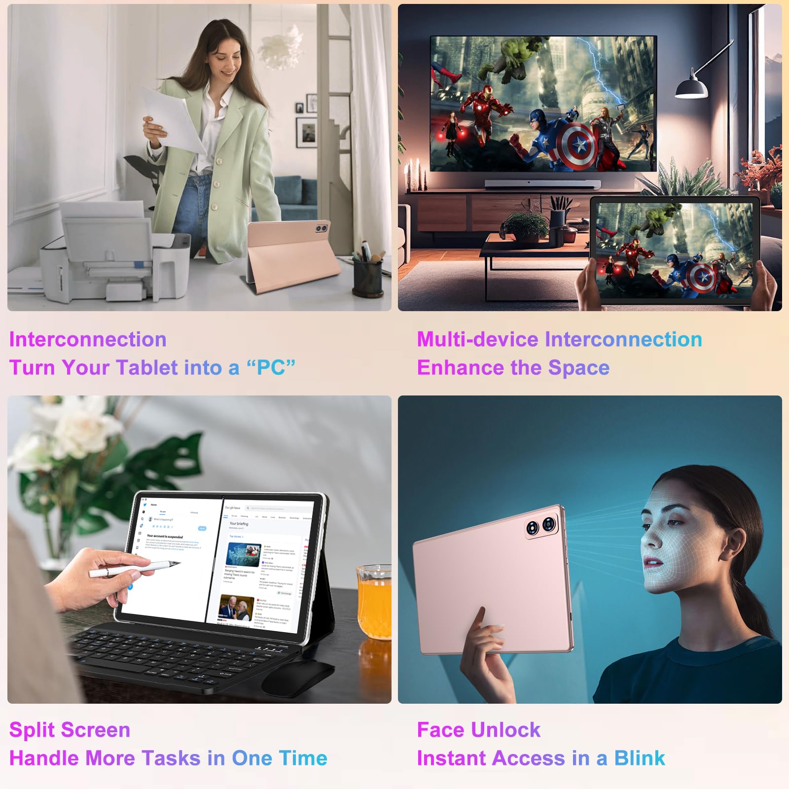 Dghrti 2025 Android 14 Tablet, 22G+128G/1TB Expansion, 10 inch Tablets with 8000 mAh Battery, Octa-Core, GPS, Split-Screen, Face Unlock, 2 in 1 Tablet with Keyboard, Mouse, Case, Rose Gold