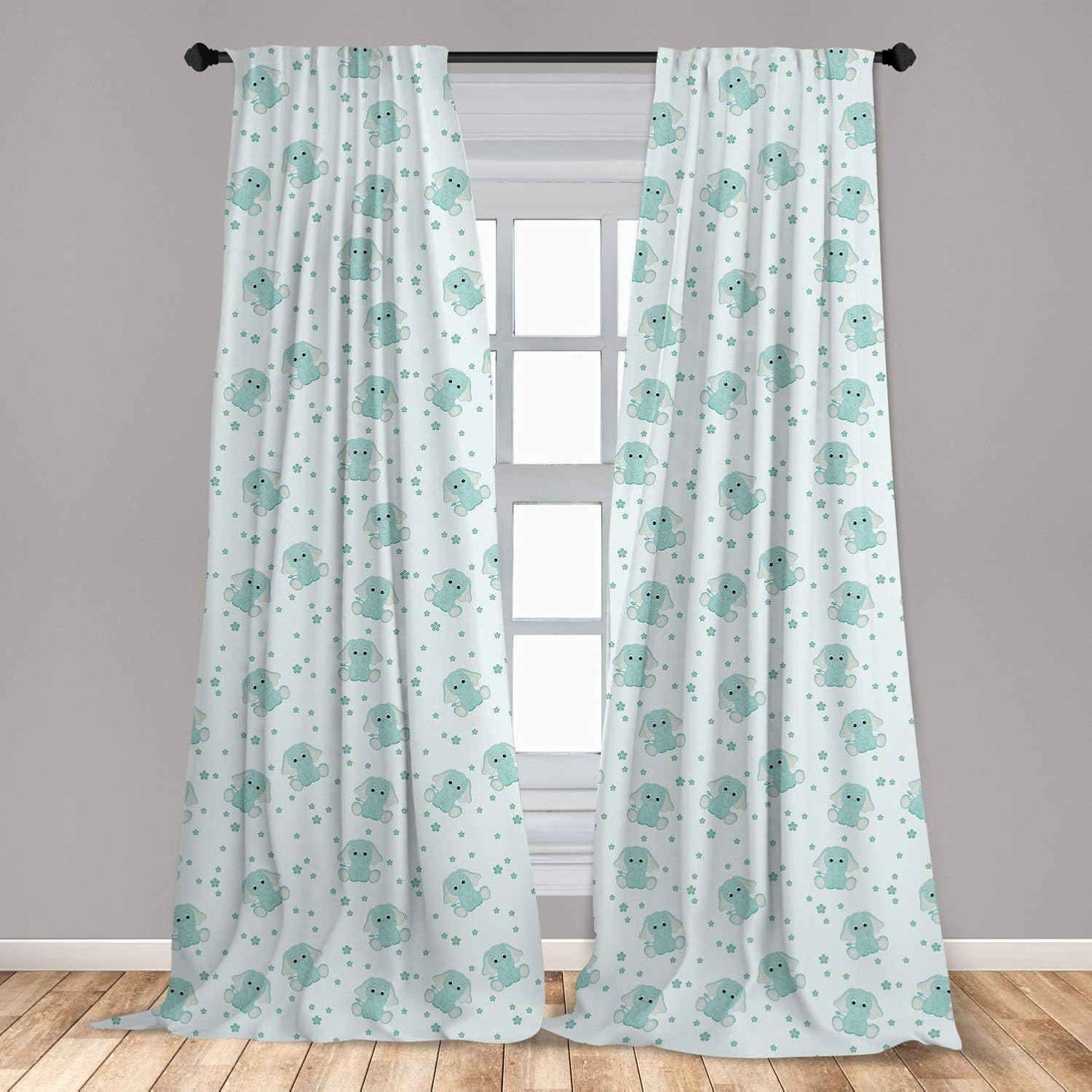 Ambesonne Elephant Nursery Window Curtains, Young Aged Elephants in Spring Meadow Daisies Child Baby Theme, Lightweight Decorative Panels Set of 2 with Rod Pocket, 56" x 63", Baby Blue