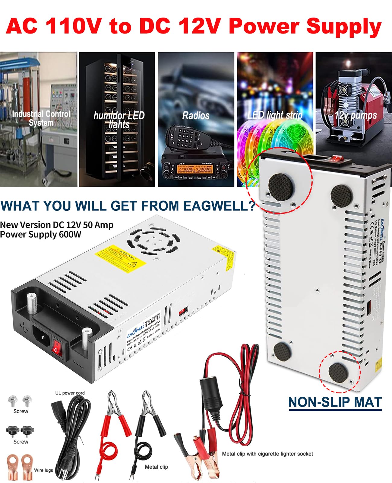 EAGWELL AC to DC Converter 12V Power Supply, Universal SMPS 120V AC to 12V 50A 600W DC Converter Power Supply Transformer Driver Adapter for RV,Pump,LED Strip, LCD Monitor