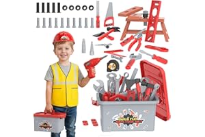 Fursnob 58-Piece Kids Tool Set with Realistic Power Toy Drill & Tool Box & DIY Stickers, Kids Construction Kits, STEM Pretend Play Boy Toys, for Toddlers Boy Ages 3-8