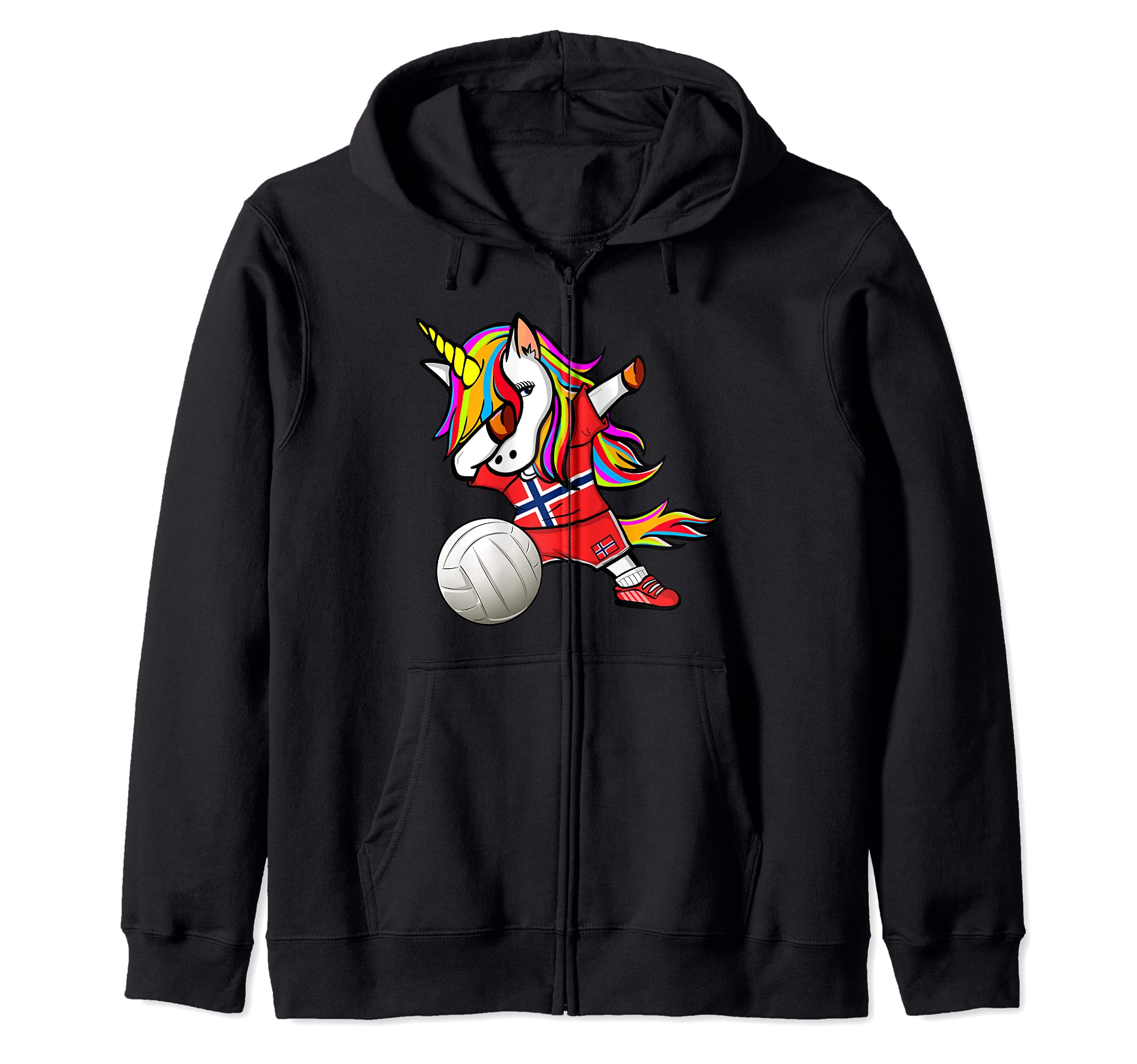 Dabbing Unicorn Norway Volleyball Fans Jersey Norwegian Flag Zip Hoodie