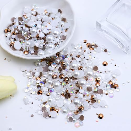Briskbloom 60g Mix Of Flatback Pearls & Rhinestones For Crafts - 2mm-10mm For Nails, Tumblers, Jewelry Making With Tweezers & Wax Pen