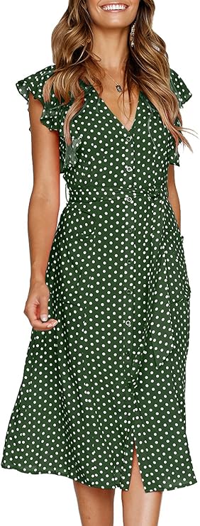 MITILLY Women's Summer Boho Polka Dot Sleeveless V Neck Swing Midi Dress with Pockets Small Green best women's spring dresses