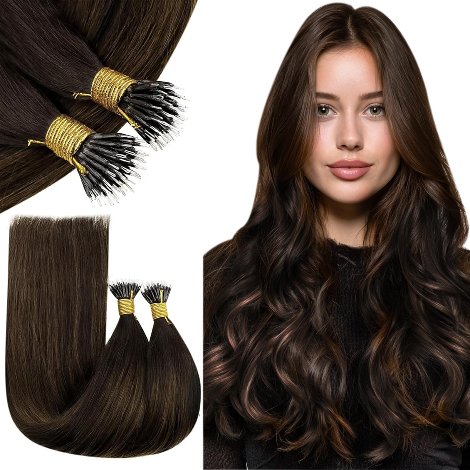 RUNATURE Nano Hair Extensions Real Human Hair Brown Ombre Dark Brown Nano Beads Hair Extensions Human Hair Nano Ring Straight Remy Hair 12 Inch 40 Gram #2/2/6 — image 1