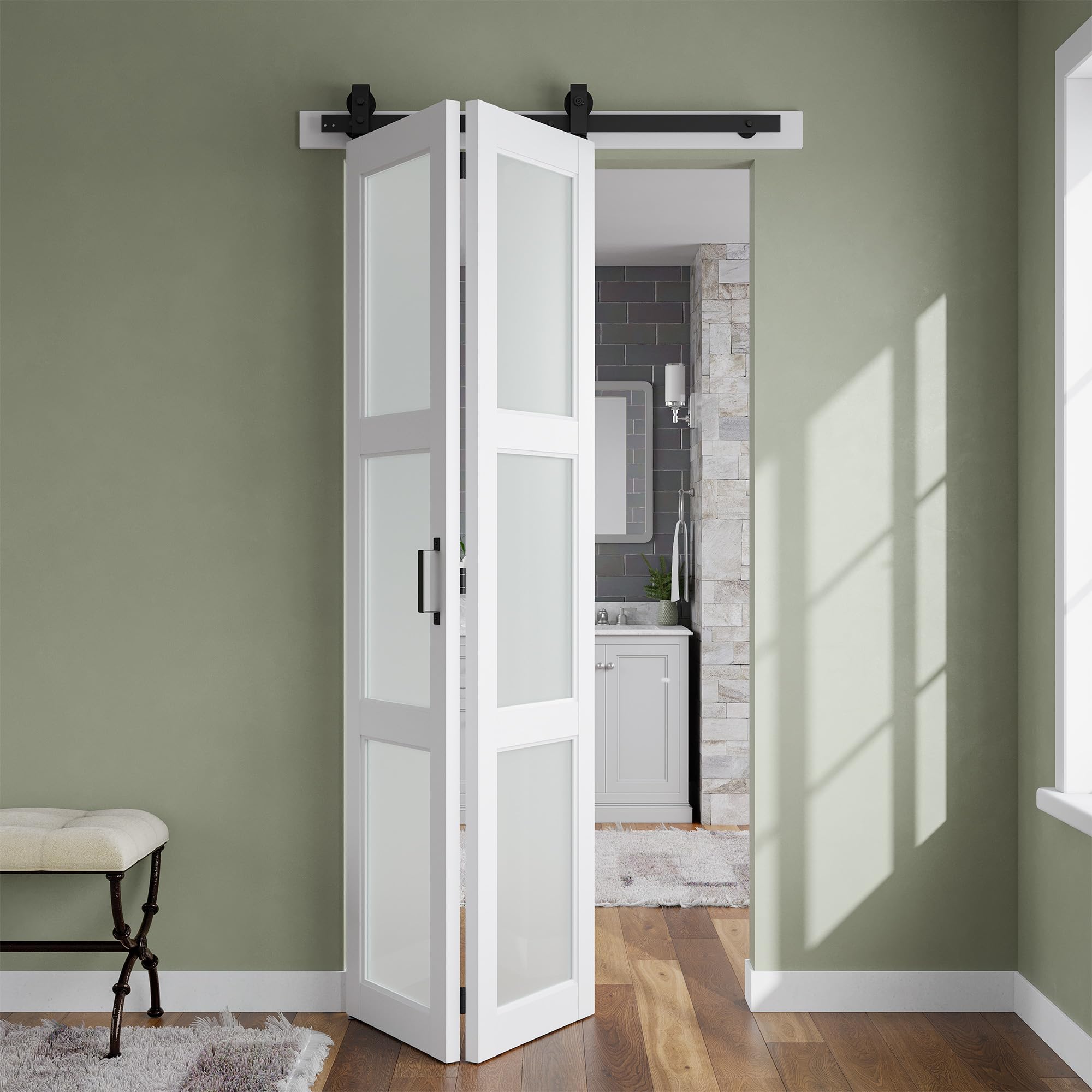 Photo 1 of Bifold Barn Door 36in x 84in,Frosted Glass Barn Door with Hardware Kit Included,40in Track Kit for 2 Doors,Pre-Finished Sliding barn Door Slab Easy Assembly,MDF,White