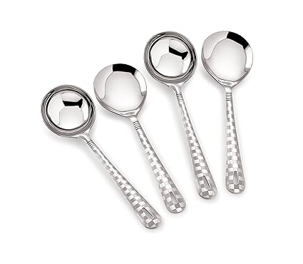 Roops Premium Quality Laser Checks Print Design Serving Spoon Set of 4 (2 Ladles and 2 Serving Spoons), Stainless Steel, Silver