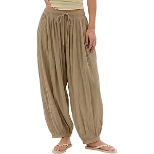 Jenkoon Womens Balloon Pants Summer Flowy Wide Leg Pants Cotton Blend Drawstring Vacation Beach Pants